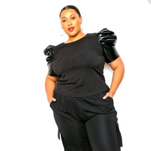 Black on black vegan puff sleeve top.
